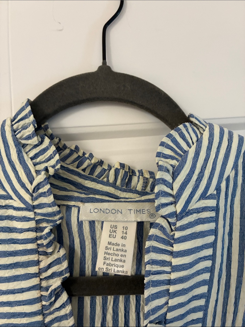 London Times Sleeveless Blue & White Stripe Ruffled Maxi Dress - Picture 2 of 3